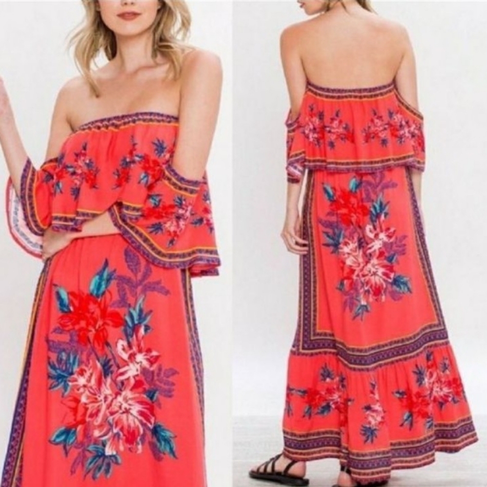 Anthropologie Flying Tomato Bohemian Red Floral Off-Shoulder Maxi Fiesta Dress